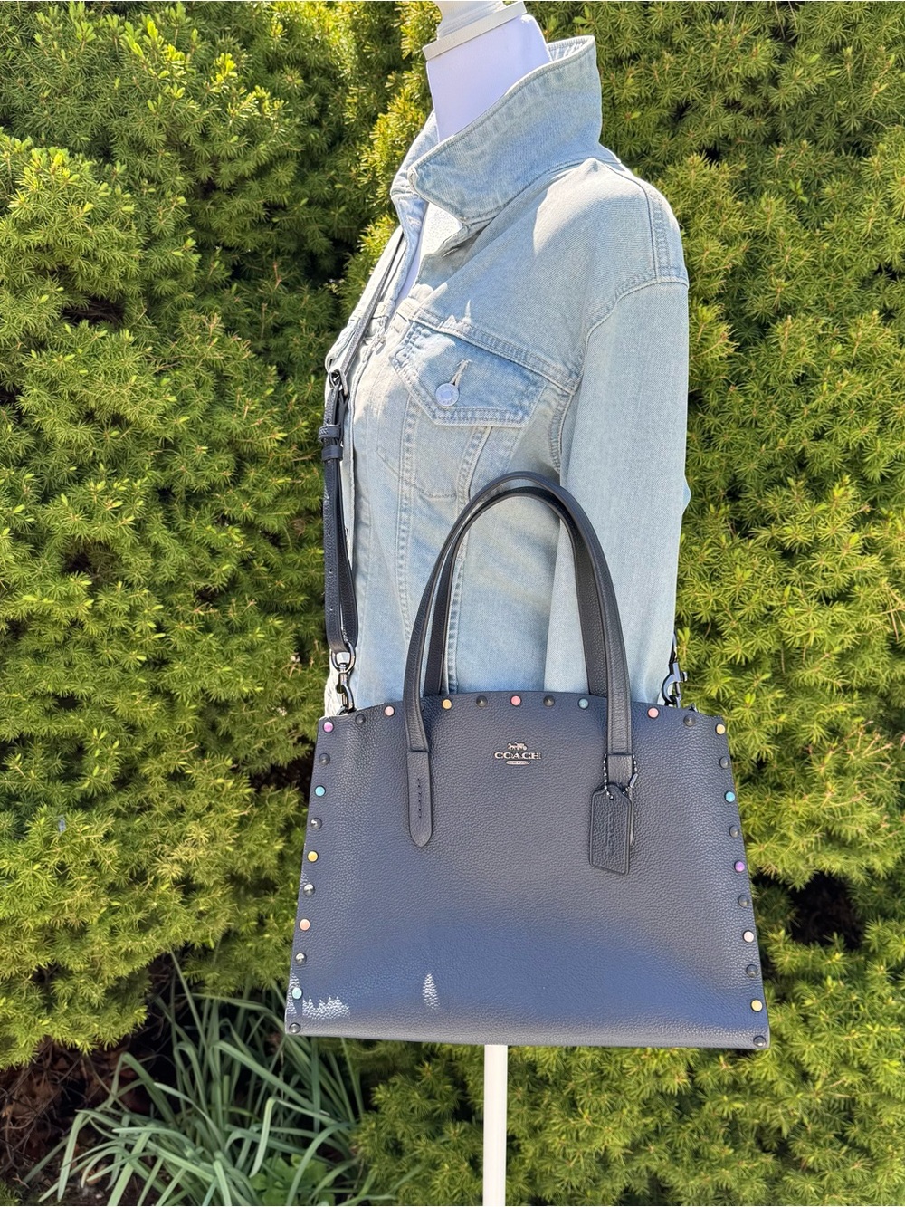 COACH *RARE* Charlie Navy Pebbled Leather Tote with Multicolor Studs - Picture 2 of 13